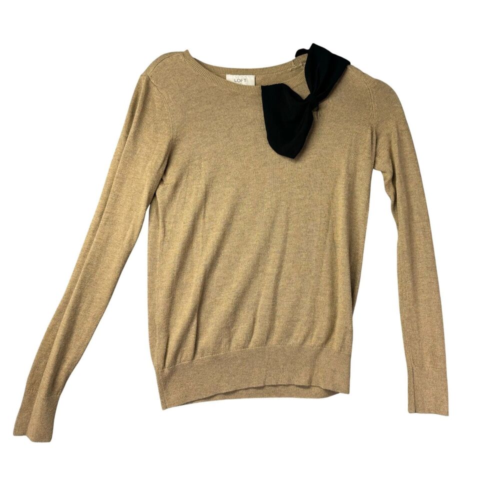 LOFT Top Women's Extra Small Brown Long Sleeve Ribbon Tie Neutral Stretch Cotton